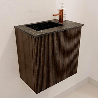 Mondiaz JOYA-DLUX 40cm toiletmeubel - kleur Walnut - Wastafel FAYE positie Links 1 kraangat kleur Lava.