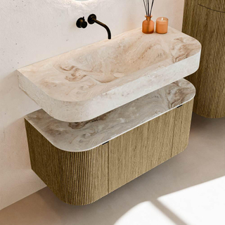 MONDIAZ THOR-DLUX 100cm meuble de salle de bains arrondi gauche + droite couleur Dusk avec 1 tiroir et 2 portes. Vasque suspendue CLOUD Milieu sans trou de robinet couleur Frappe.