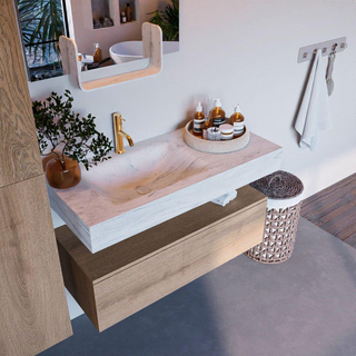 Mondiaz ALAN-DLUX Ensemble de meuble - 100cm - meuble Washed Oak mat - 1 tiroir - Lavabo Cloud Opalo suspendu - vasque Gauche - 1 trou de robinet