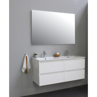 Basic Line Bella Badkamermeubelset - 120x55x46cm - 2 wasbakken - Keramiek - Wit - 2 kraangaten - Wandspiegel zonder verlichting - Spaanplaat Wit hoogglans