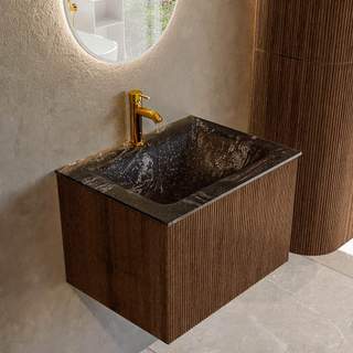 MONDIAZ KURVE-DLUX 60cm badmeubel kleur Walnut met 1 lade. Wastafel CLOUD midden 1 kraangat kleur Lava.