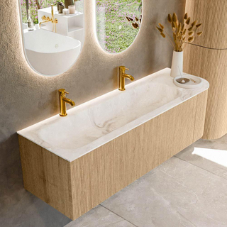 MONDIAZ KURVE-DLUX 145cm Meuble salle de bain avec module 25 D - couleur Oak - 1 tiroir - 1 porte - vasque BIG LARGE gauche - 2 trous de robinet - couleur Frappe