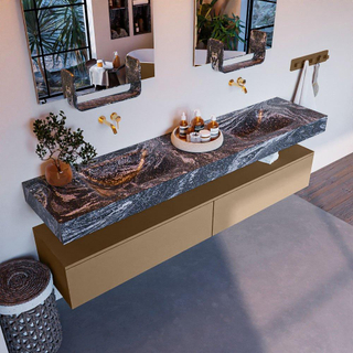 Mondiaz ALAN-DLUX Ensemble de meuble - 200cm - meuble Oro mat - 2 tiroirs - Lavabo Cloud Lava suspendu - vasque Gauche et droite - 0 trous de robinet