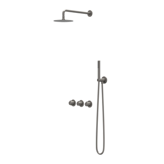 IVY Pact Ensemble douche pluie - encastrable - symétrie - 2 robinets d'arrêt - bras plafond 30 cm - pomme de douche medium 30 cm - support avec sortie - flexible de douche 150 cm - douchette satin spray - Metal black brossé PVD