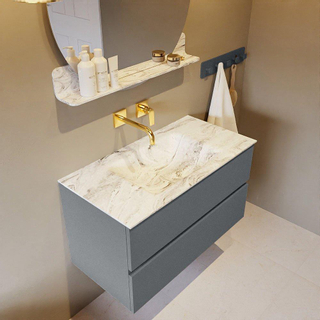 Mondiaz VICA-DLUX Ensemble de meuble de salle de bain - 90cm - meuble sous-vasque plata - 2 tiroirs - lavabo encastrée cloud milieu - sans trous de robinet - version haute de 60cm - glace