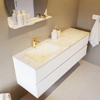 Mondiaz VICA-DLUX Ensemble de meuble de salle de bain - 150cm - meuble sous-vasque talc - 2 tiroirs - lavabo encastré cloud gauche - 1 trou de robinet - version haute de 60cm - ostra