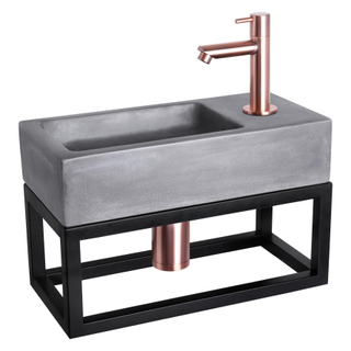 Differnz Ravo kit lave-mains - 38.5x18.5x25cm - Rectangulaire - 1 trou de robinet - Robinet rose en cuivre droit - avec cadre noir - béton gris foncé