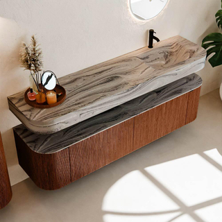 MONDIAZ THOR-DLUX Meuble de salle de bains 180cm arrondi gauche + droite couleur Ruby avec 2 tiroirs et 2 portes. Vasque suspendue CLOUD Droite 1 trou de robinet couleur Sombra.