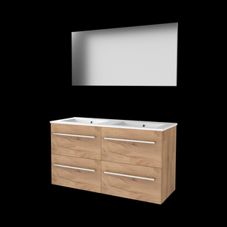 Basic-Line Basic 46 ensemble de meubles de salle de bain 120x46cm avec poignées 4 tiroirs lavabo en porcelaine 2 trous de robinetterie miroir mfc whisky oak