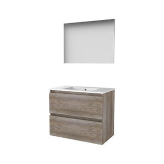 Basic-Line Basic 46 ensemble de meubles de salle de bain 80x46cm sans poignée 2 tiroirs lavabo en porcelaine 1 trou de robinet miroir mfc scotch oak