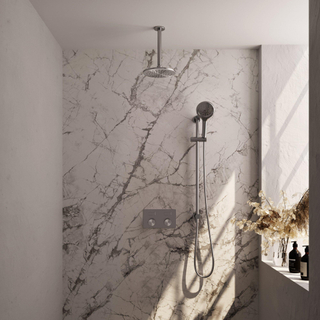 Brauer Brushed Carving douche thermostatique à effet pluie avec bouton-poussoir dissimulé 71 20cm pommeau de douche bras de plafond 3 positions douche à main flexible de douche intégré barre coulissante acier inoxydable brossé pvd