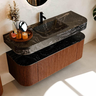 MONDIAZ THOR-DLUX Meuble de salle de bains 130cm arrondi gauche + droite couleur Ruby avec 1 tiroir et 2 portes. Vasque suspendue CLOUD Milieu 1 trou de robinet couleur Lava.