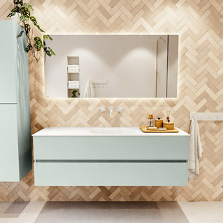 Mondiaz VICA ensemble de meuble de salle de bain - 150cm - meuble sous-vasque gris - 2 tiroirs - lavabo lune milieu - sans trous de robinet - couleur talc - miroir LED - version XL 60cm de haut