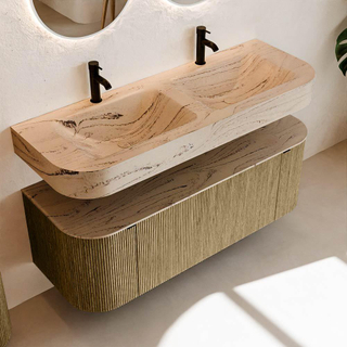 MONDIAZ THOR-DLUX 130cm meuble de salle de bains arrondi gauche + droite couleur Dusk avec 1 tiroir et 2 portes. Vasque suspendue CLOUD Double 2 trous de robinet couleur Arena.