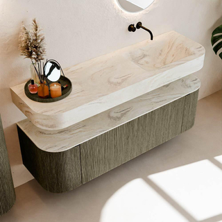 MONDIAZ THOR-DLUX 150cm meuble de salle de bains arrondi gauche + droite couleur Shadow avec 1 tiroir et 2 portes. Vasque suspendue CLOUD droite sans trou de robinet couleur Ostra.