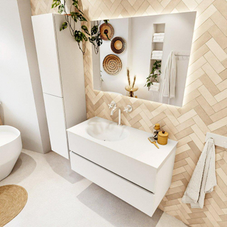 MONDIAZ VICA 100cm meuble sous lavabo Talc 2 tiroirs. Lavabo MOON gauche 1 trou de robinet, couleur Talc.