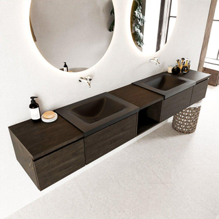 MONDIAZ BUKLA 240cm ensemble de meuble avec module ouvert 40 au milieu couleur Marron foncé avec 4 tiroirs. Lavabo CLOUD double 0 trou de robinet couleur Urban.