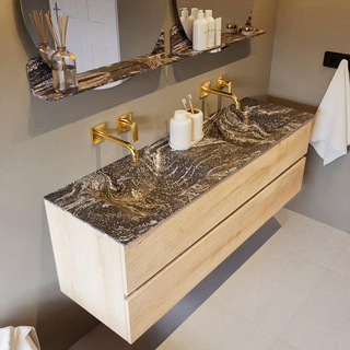 Mondiaz VICA-DLUX ensemble de meuble de salle de bain - 150cm - meuble sous-vasque chêne blanchi - 2 tiroirs - lavabo encastré cloud double - sans trous de robinet - miroir modèle spot - version XL 60cm de haut - lave