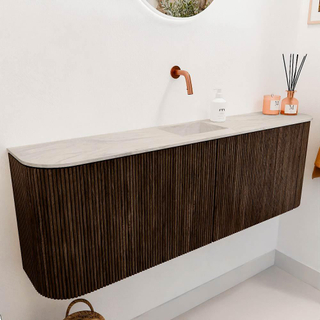 Mondiaz JOYA-DLUX 123.2cm meuble de salle de bains - arrondi gauche et droite couleur Walnut - Vasque FAYE position Milieu Sans trou de robinet couleur Ostra.