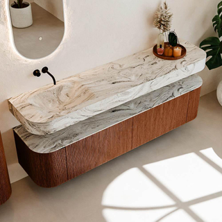 MONDIAZ THOR-DLUX Meuble de salle de bains 190cm arrondi gauche + droite couleur Ruby avec 2 tiroirs et 2 portes. Vasque suspendue CLOUD Gauche sans trou de robinet couleur Glace.