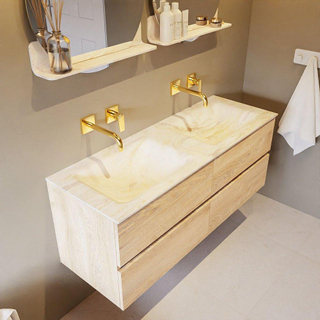 Mondiaz VICA-DLUX ensemble de meuble de salle de bain - 130cm - meuble sous-vasque chêne blanchi - 4 tiroirs - lavabo encastré cloud double - sans trous de robinet - miroir modèle spot - version XL 60cm de haut - ostra