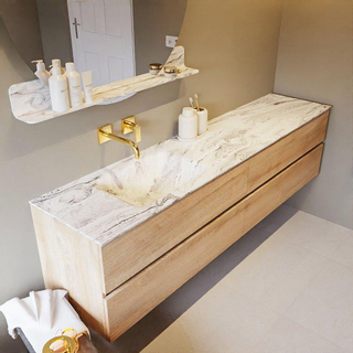 Mondiaz VICA-DLUX ensemble de meuble de salle de bain - 200cm - meuble sous-vasque chêne blanchi - 4 tiroirs - lavabo encastré cloud gauche - sans trous de robinet - version haute de 60cm - glace