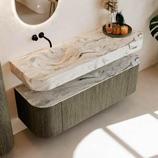 MONDIAZ THOR-DLUX 140cm meuble de salle de bains arrondi gauche + droite couleur Shadow avec 1 tiroir et 2 portes. Vasque suspendue CLOUD Gauche sans trou de robinet couleur Glace.