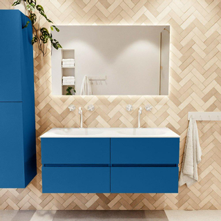 Mondiaz VICA ensemble de meuble de salle de bain - 120cm - meuble sous-vasque jeans - 4 tiroirs - lavabo moon double - 2 trous de robinet - couleur talc - miroir LED - version XL 60cm haut