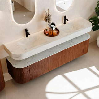 MONDIAZ THOR-DLUX Meuble de salle de bains 190cm arrondi gauche + droite couleur Ruby avec 2 tiroirs et 2 portes. Vasque suspendue CLOUD Double 2 trous de robinet couleur Opalo.