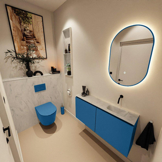 MONDIAZ TURE-DLUX Meuble toilette - 100cm - Jeans - EDEN - vasque Opalo - position droite - sans trou de robinet