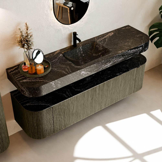 MONDIAZ THOR-DLUX 170cm meuble de salle de bains arrondi gauche + droite couleur Shadow avec 1 tiroir et 2 portes. Vasque suspendue CLOUD Milieu 1 trou de robinet couleur Lava.