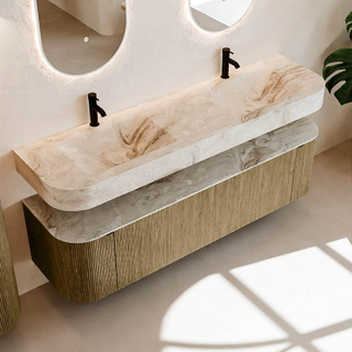 MONDIAZ THOR-DLUX 170cm meuble de salle de bains arrondi gauche + droite couleur Dusk avec 1 tiroir et 2 portes. Vasque suspendue CLOUD Double 2 trous de robinet couleur Frappe.