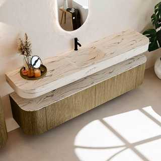 MONDIAZ THOR-DLUX 200cm meuble de salle de bains arrondi gauche + droite couleur Dusk avec 2 tiroirs et 2 portes. Vasque suspendue CLOUD Milieu 1 trou de robinet couleur Nata.