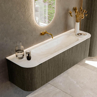 Ensemble de meuble de salle de bain Mondiaz KURVE-DLUX - 160x46x40cm - 1 tiroir - 2 portes - lavabo en solid surface - milieu - sans trou de robinet - Shadow