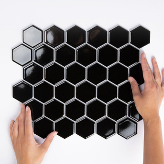 The Mosaic Factory Barcelona mozaïektegel - 28.2x32.1cm - wandtegel - Zeshoek/Hexagon - Porselein Black Glans