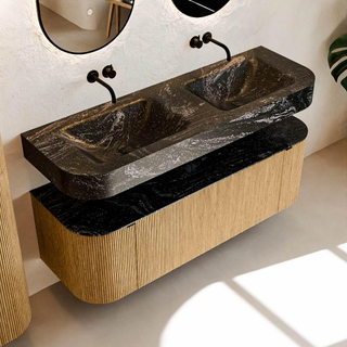 MONDIAZ THOR-DLUX 140cm meuble de salle de bains arrondi gauche + droite couleur Oak avec 1 tiroir et 2 portes. Vasque suspendue CLOUD Double sans trou de robinet couleur Lava.