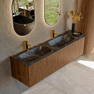 MONDIAZ KURVE-DLUX 165cm Meuble salle de bain avec module 25 D - couleur Walnut - 2 tiroirs - 1 porte - vasque STOR SMALL double / gauche - 2 trous de robinet - couleur Lava