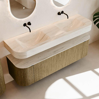 MONDIAZ THOR-DLUX 160cm meuble de salle de bains arrondi gauche + droite couleur Dusk avec 1 tiroir et 2 portes. Vasque suspendue CLOUD Double sans trou de robinet couleur Meli.