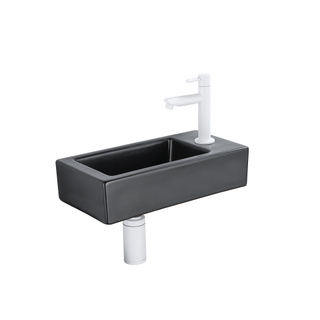 QeramiQ Lave-mains Kit lave-mains - 37.5x18.5x9cm - céramique - trou de robinet à droite - robinet lave-mains mat blanc - bonde de vidage - siphon abaissé - Mat Noir