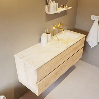 Mondiaz VICA-DLUX Ensemble de meuble de salle de bain - 130cm - meuble sous-vasque chêne blanchi - 2 tiroirs - lavabo encastré cloud droite - sans trous de robinet - version haute de 60cm - ostra