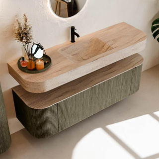 MONDIAZ THOR-DLUX 150cm meuble de salle de bains arrondi gauche + droite couleur Shadow avec 1 tiroir et 2 portes. Vasque suspendue CLOUD Milieu 1 trou de robinet couleur Saba.