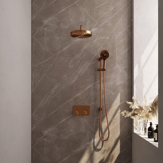 BRAUER Stripe Douche de tête thermostatique encastrable - boutons-poussoirs - SET 35 - pomme de douche 25cm - bras mural courbé - douchette 3 positions - flexible de douche - barre coulissante intégrée - cuivre brossé PVD