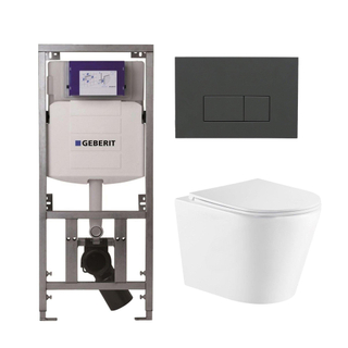 QeramiQ Dely Toiletset - 36.3x51.7cm - diepspoel - rimless - Geberit UP320 inbouwreservoir - met Burda frame - softclose toiletzitting - bedieningsplaat antraciet mat - rechtehoekige knoppen - wit glans
