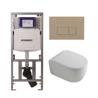QeramiQ Dely Swirl Toiletset - 36.3x51.7cm - Geberit UP320 inbouwreservoir - met Burda frame - 35mm zitting - bedieningsplaat taupe - rechthoekige knoppen - wit mat