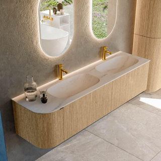 MONDIAZ KURVE-DLUX 175cm badmeubel ronding Links kleur Oak met 2 lades en 1 deur. Wastafel STOR SMALL Dubbel / Rechts 2 kraangaten Meli.