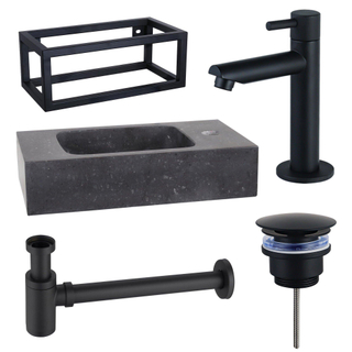 FortiFura Fuente Pack Lave-mains - 40x22x24.5cm - 1 trou de robinet - pierre naturelle - cadre noir - robinet Noir mat - Noir