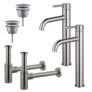 FugaFlow Eccelente Sobrado Kit robinet lavabo - pour double vasque - robinet rehaussé - bonde non-obturable - siphon design - Inox brossé PVD