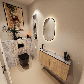 MONDIAZ TURE-DLUX Meuble toilette - 100cm - Washed Oak - EDEN - vasque Glace - position gauche - 1 trou de robinet