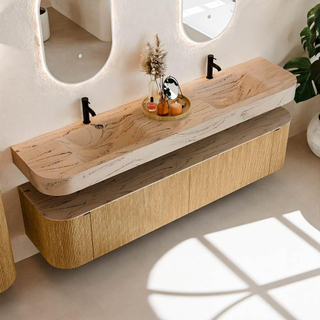 MONDIAZ THOR-DLUX 200cm meuble de salle de bains arrondi gauche + droite couleur Chêne avec 2 tiroirs et 2 portes. Vasque suspendue CLOUD Double 2 trous de robinet couleur Arène.