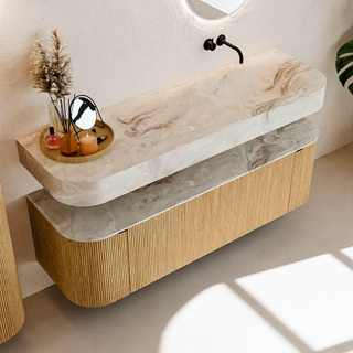 MONDIAZ THOR-DLUX 150cm badmeubel ronding links + rechts kleur Oak met 1 lade en 2 deuren. Vrijhangende wastafel CLOUD Rechts zonder kraangat kleur Frappe.